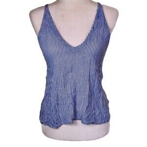 Women Coastal Nautical Striped Cami Top V Neck Back Tie Flowy Beach Resort Sz Sm